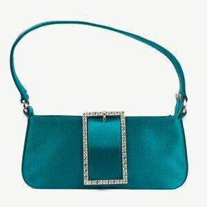 Jimmy Choo Teal Satin Crystal-Buckle Baguette